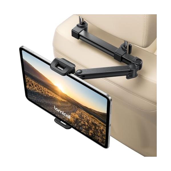 【2026新型・より頑丈】車 タブレット ホルダー 後部座席 : Lamicall 金属製伸縮アーム ヘッドレスト ipad ホルダー 車載