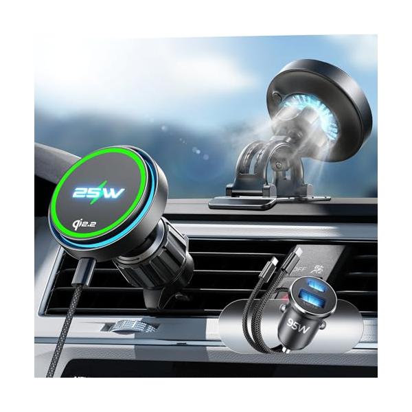 LISEN 2026新版【Qi2.2認証 25W充電】magsafe 車載ホルダー 冷却ファン内蔵 ワイヤレス充電器 [2つの固定部品  シガ
