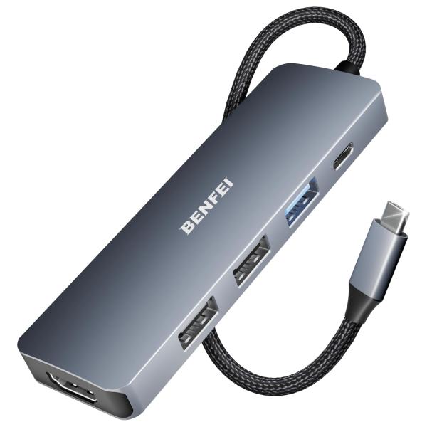 BENFEI 5in1 USB C ハブ、4K HDMI、3 USB-A、100W パワーデリバリー、シリコンおよび織物デザインケーブル、アルミ