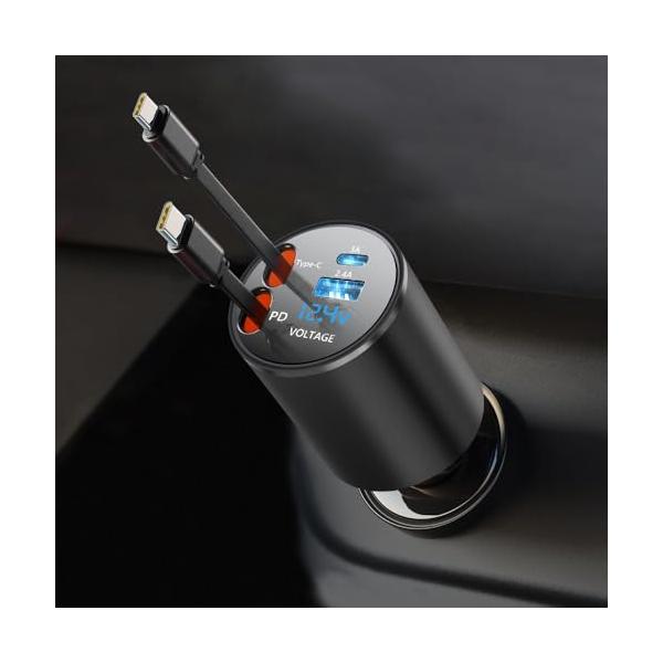 VIKNAN 【電圧計一体型】巻き取り式充電ケーブル 車 充電器 タイプC 2本 シガーソケット 4台同時充電可能 車載充電器 カーチャージャー