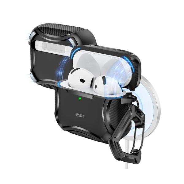 ESR AirPods5/4 ケース 2026/2024 MagSafe対応 強力落下防止 マグネット蓋 Cyberシリーズ ブラック