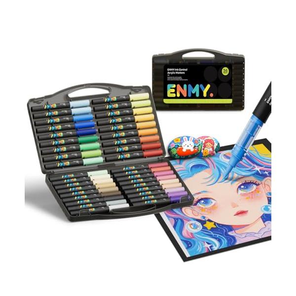 ENMY 36色セット 直液式 アクリルマーカー イラストマーカー 水性 筆ペン アートマーカー 美術 漫画 ファブリック 編み物マーカー キャ