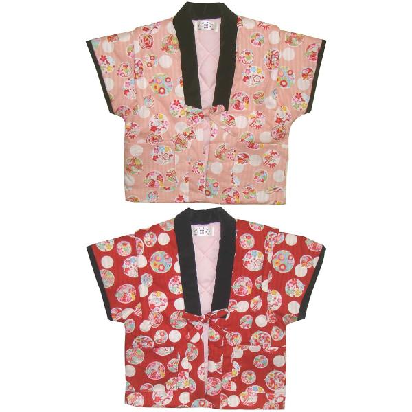 とってもかわいらしい花輪柄の 別珍衿 奴（やっこ）はんてん★肩がすっぽり入り、腕先が自由の動かせるデザインで、あったかで、機能的です。別珍の衿と袖口、肩上げで、日本の伝統の良さ、味わいをお楽しみください♪両サイドは、アウトポケット付きです。...