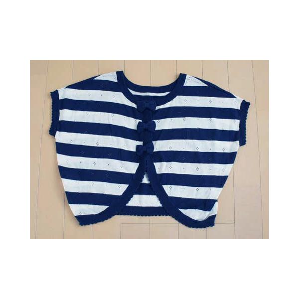 ポンポネットジュニア pom ponette junior 子供服 女の子 半袖 ニット カーディガン カーデガン カーデ ボーダー 紺 白 春 夏 M 150cm ★4 キッズ ガールズ 古着