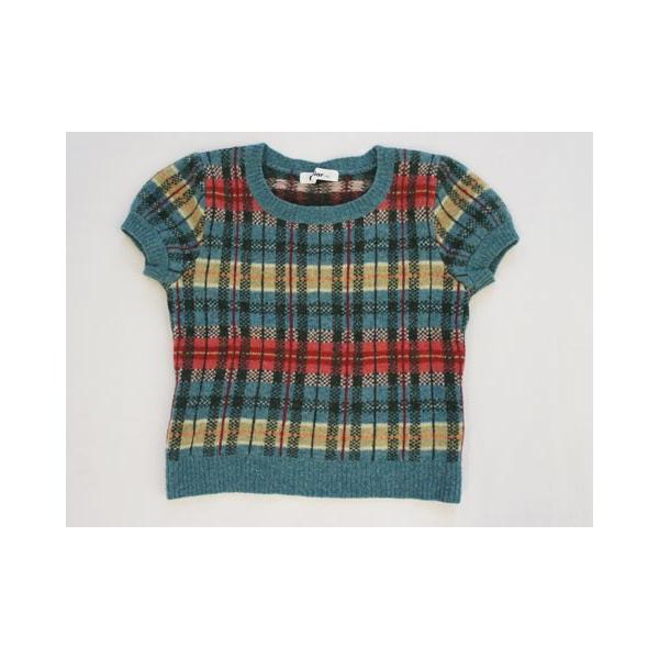ファミリア familiar アウトレット 子供服 女の子 約 130cm 半袖 ニット セーター チェック 青 緑 秋 冬 ★3 トップス ガールズ 女児 キッズ  リサイク
