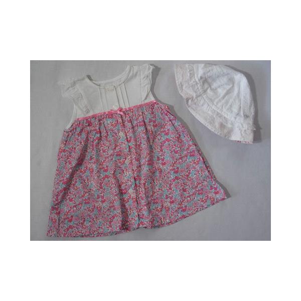 ベベ bebe 子供服 女の子 M 約 80cm ベビー服 ワンピース ノースリーブ ピンク リバティ 小花柄 帽子 ぼうし 白 2点 春 夏 ★3 セットアップ キッズ ベビー