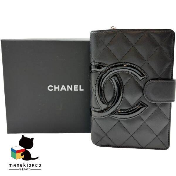 CHANEL（シャネル） カンボン 二つ折財布 黒 ピンク エナメルココ