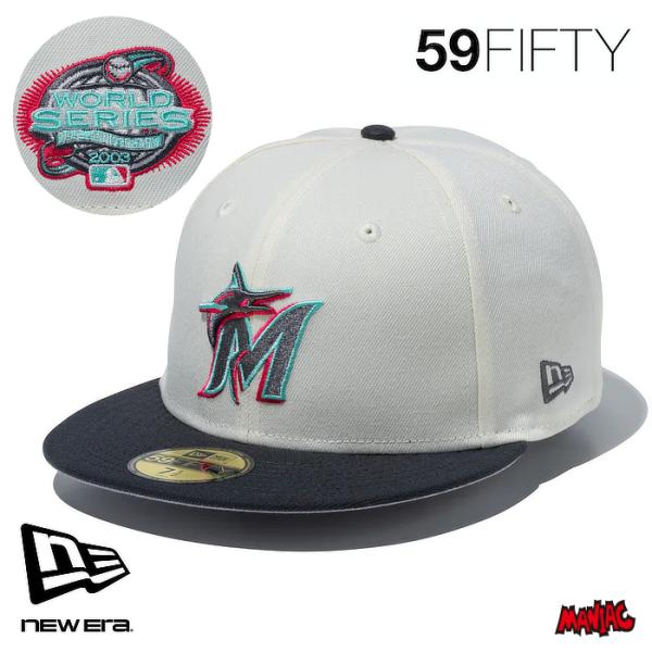 ニューエラ キャップ 59FIFTY MIAMI BEACH NEWERA MLB マイアミ マーリンズ?クローム ホワイト グラファイトバイザー フラットバイザー 15087758