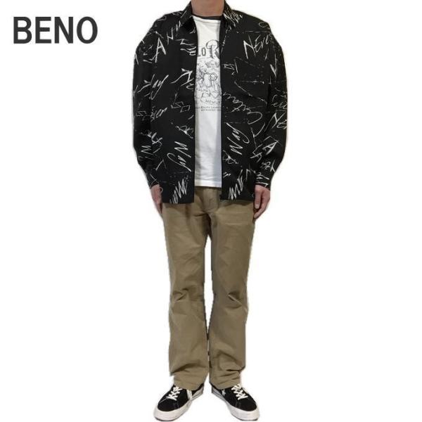BENO ビーノ　総柄 ペイントタッチ スウィングトップ トリズラージャケット ライトアウター ジップシャツ ポリシャツ ワンポケット 英字
