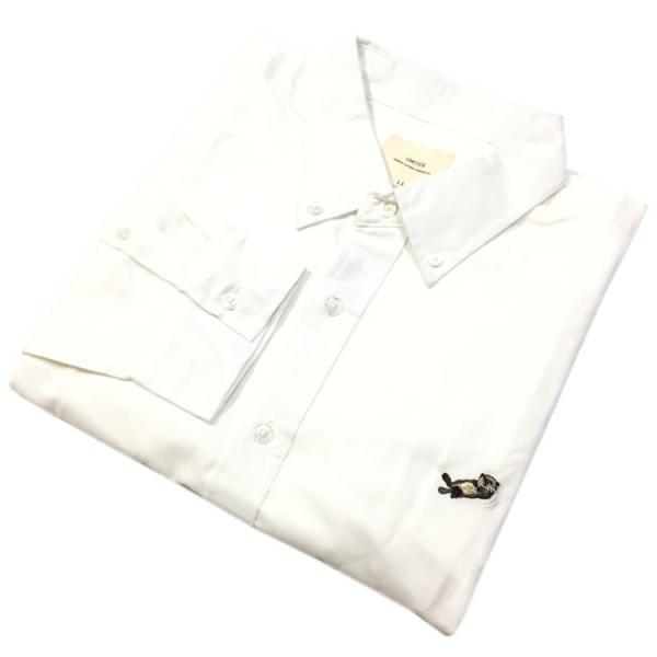 オックスフォードシャツ 長袖シャツ OXFORD SHIRT アニマル ワンポイント刺繍 ラッコ ルーズシルエットシャツ ドロップショルダー ホワイト