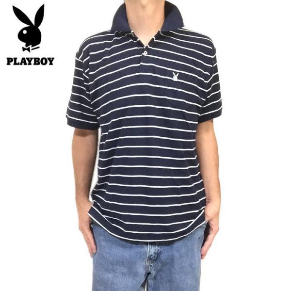 PLAYBOY プレイボーイ ストライプド ポロシャツ コットン100％ 鹿の子ポロ PLAYBOY STRIPED COTTON MESH POLO SHIRT NAVY