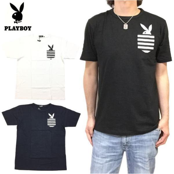 PLAYBOY プレイボーイ　ボーダーポケット付き　Ｔシャツ　半袖Ｔシャツ　ストレッチ　メンズ　レディース　ペアルック　お揃い