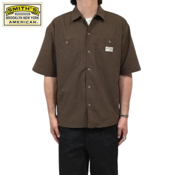 スミスアメリカン ワークシャツ SMITH'S AMERICAN 半袖シャツ ブラウン 綿100％ Ｍサイズ ユニセックス リネンタッチ ファブリック