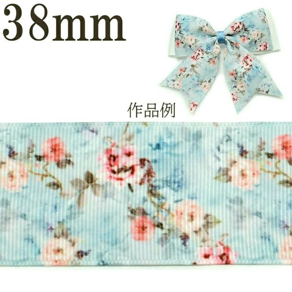 プリントリボン　水色スイートローズリボン　幅38mm　1m単位　切り売り　(2m以上)
