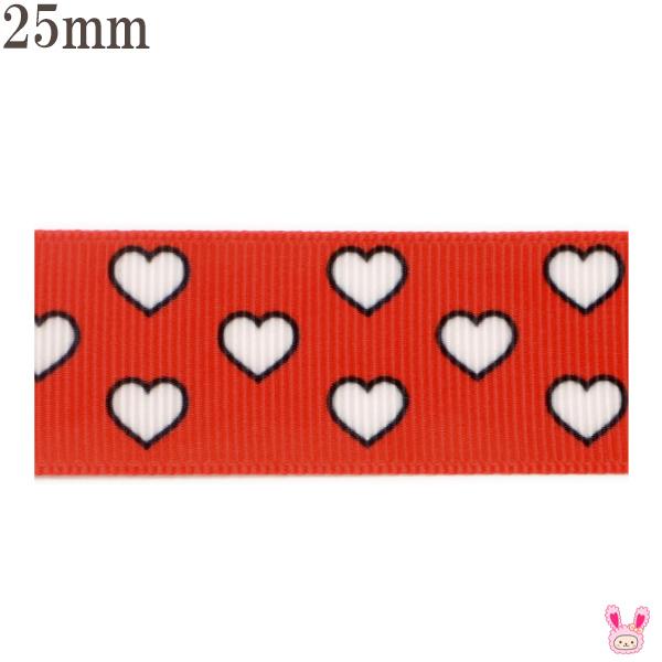 25mm プリントリボン レッドカラーシンプルハートリボン 2m ［在庫限り