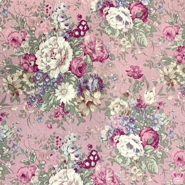 YUWA有輪商店 大花柄アンティークフラワー Iピンク系 綿麻生地 449506