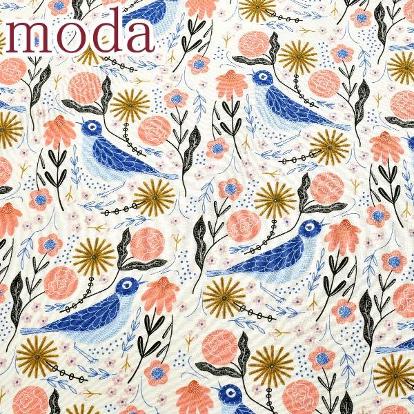 Moda Birdsong ハード・ソング 揺れる花と小鳥の愛の歌 11ブルー系 10cm単位 切り売り モダ 48352 シーチング生地 (270) 「在庫限り」