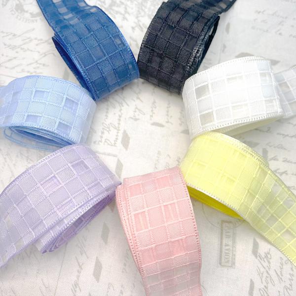シースルーなブロックチェックのメッシュリボン 幅25mm 1m単位