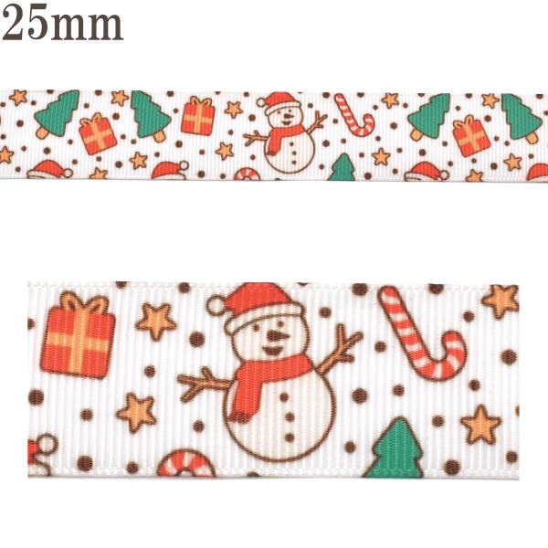 プリントリボン　ゆるかわ手描き風なクリスマスリボン　幅25mm　1m単位　切り売り　(3m以上)