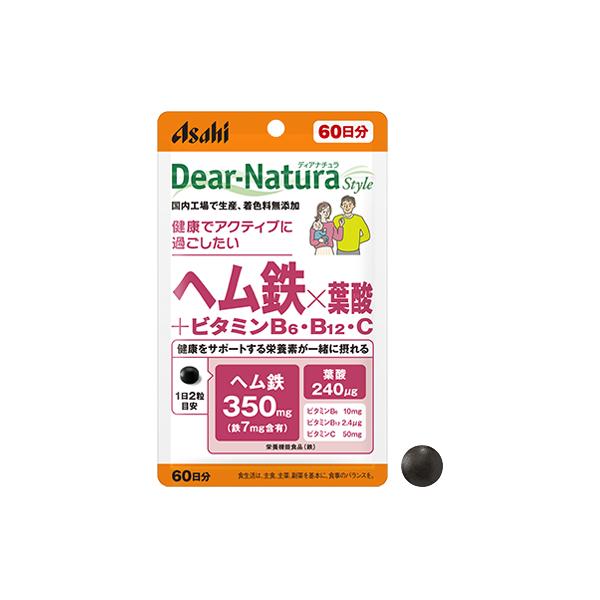 ヘム鉄×葉酸+ビタミンB6・B12・C　原材料デンプン／ヘム鉄、セルロース、ビタミンC、ケイ酸Ca、デンプングリコール酸Na、ビタミンB6、ステアリン酸Ca、セラック、葉酸、ビタミンB12