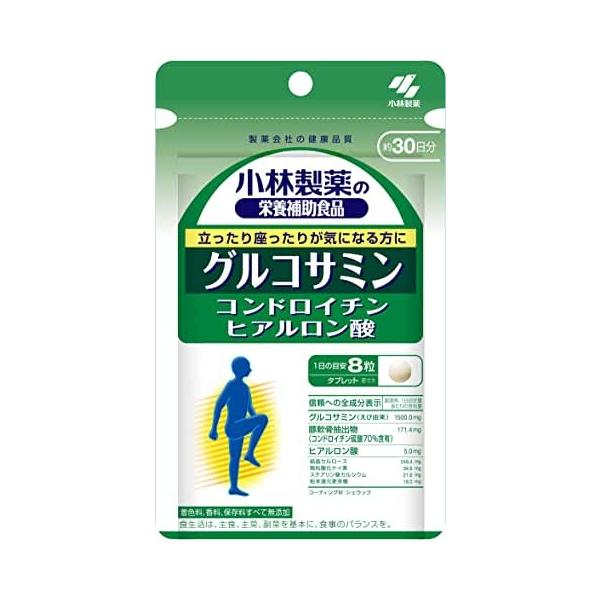 原材料 : グルコサミン(えび由来)、粉末還元麦芽糖、豚軟骨抽出物、結晶セルロース、微粒酸化ケイ素、ステアリン酸カルシウム、シェラック、ヒアルロン酸内容量 : 240粒商品サイズ (幅X奥行X高さ) : 100×18×165