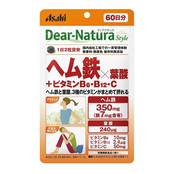 ヘム鉄×葉酸+ビタミンB6・B12・C　原材料デンプン／ヘム鉄、セルロース、ビタミンC、ケイ酸Ca、デンプングリコール酸Na、ビタミンB6、ステアリン酸Ca、セラック、葉酸、ビタミンB12