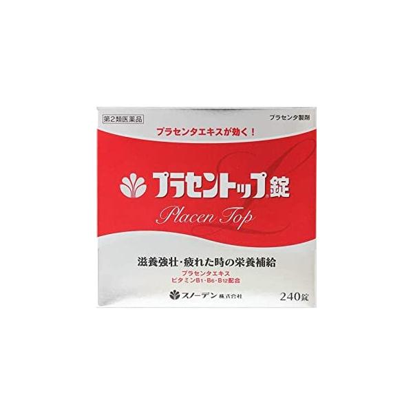 製造元 スノーデン株式会社プラセントップ錠は，プラセンタエキスに，ビタミンB群（B1，B6，B12）を同時に配合した製剤で，滋養強壮，肉体疲労時や妊娠授乳期，病中病後の栄養補給にすぐれた，効果をあらわします。