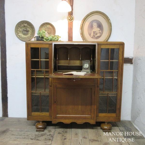 英国製 イギリス アンティーク デスク 棚 ビンテージ インテリア キャビネット 英国アンティーク◇ガラスキャビネット付きビューロー/木製机