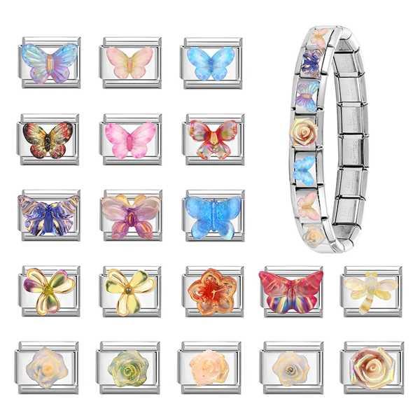 【互換品】ヴィンテージカラフル 蝶 花ローズボウノットイタリアンチャームリンクフィット 9 ミリメートルス