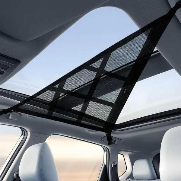 新しい三角形天井収納ネット二層メッシュネット落下防止 SUV ルーフオーガナイザー調節可能な車のインテリア貨物収納袋箇条書き: