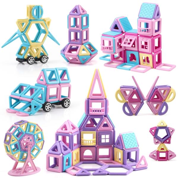 【大人気なマグネット ブロック 128点セット】豊かな知育玩具セットには：磁気ブロック86個 、他の車輪・観覧車・パネルパーツ42個を含まれています。三角形×28pcs、正方形×30pcs、半円形×16pcs、六角形×2pcs、五角形×2p...