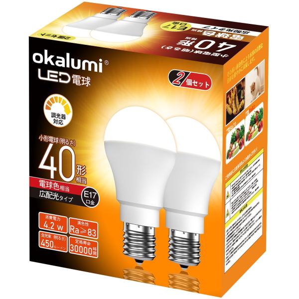 okalumi LED電球 調光器対応 E17口金 40W形 ミニクリプトン・ミニランプ形電球 450Lm 電球色 2700k 小形電球 広