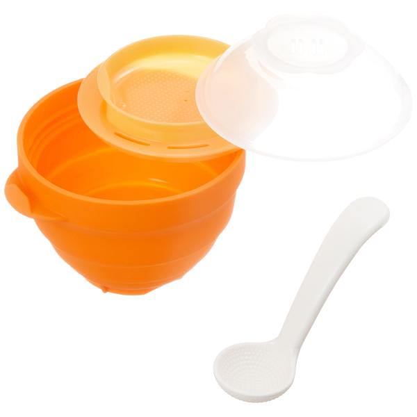 カラー：オレンジサイズ：2個アソート[本体サイズ] 寸法/13×15.5×11cm,重量/200g[製造国] 中華人民共和国[素材] 本体:シリコーンゴム、クッキングプレート・フタ・スプーン:ポリプロピレン