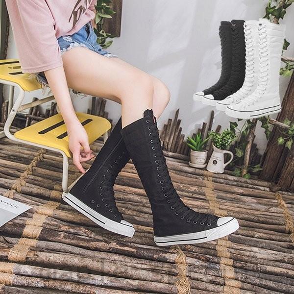 スニーカー ハイカット レディース ダンスブーツ ロング 黒 白 編み上げ ロングブーツ ダンス長靴 脚長 ダンスシューズ ファスナー付き コスプレ長靴 演出 Map1016 Maple Sprout 通販 Yahoo ショッピング