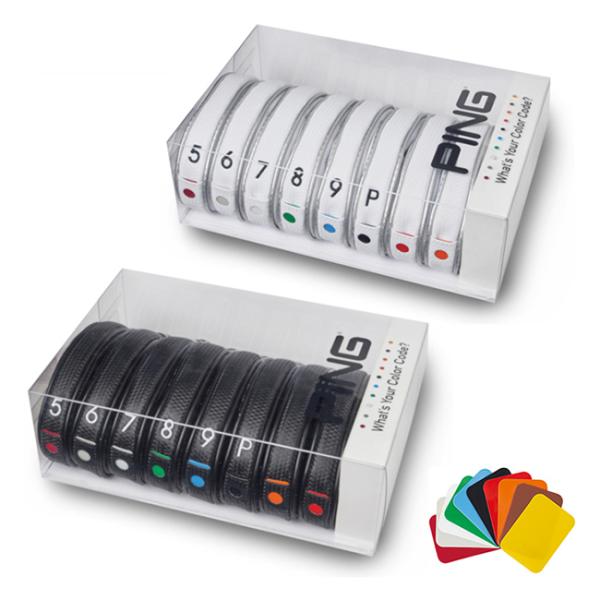 ・カラーコードに合わせて10色のカラーチップでカスタマイズできるアイアンカバー・内蔵クリップで脱落を防ぐCLIPLOCK機能・カラーチップ各色8枚入り素材：合成皮革8個セット（5〜9,P,番手表示なし2個）