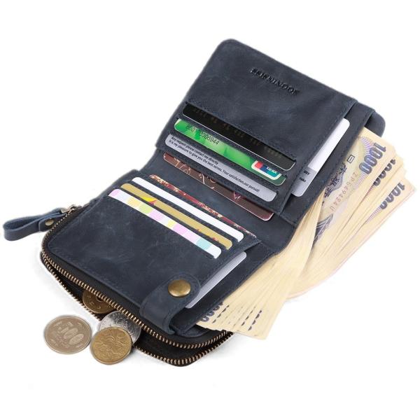 二つ折り財布 本革 メンズ レディース U字型ファスナー小銭入れ ブランド 日本全国 送料無料 薄い おしゃれ 大容量 Sooninsiss 人気 ネイビー