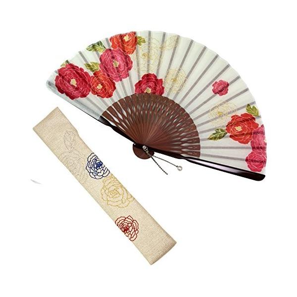 扇子 女性 扇子袋 ハンカチセット フルリール 誕生日プレゼント 赤 女性用 桐箱入り おしゃれ コットン レディース