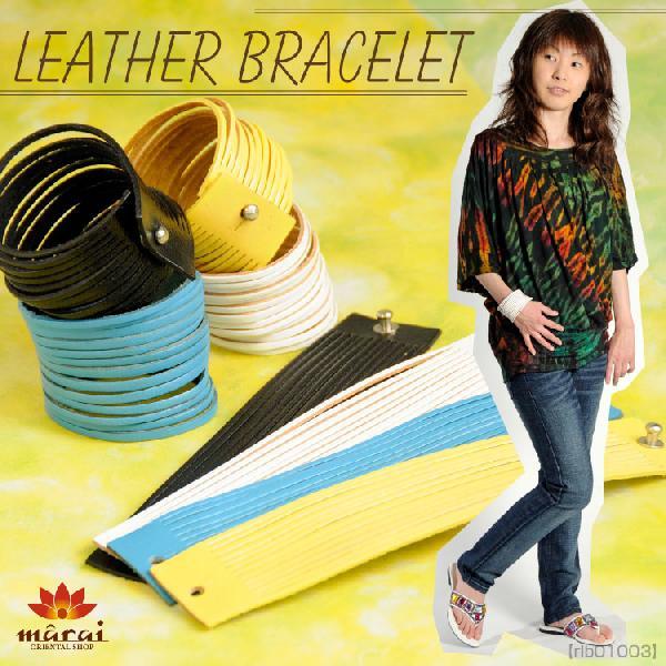 レザー一枚ものを丁寧にカットした軽い仕上がりで、着け心地もとっても軽くて楽♪　　留め具は、ビスをレザーの穴に通すだけのワンタッチさ！お洋服や気分に合わせて何色も☆☆　サイズ▼　長さ20.5cm　幅4.5cm　材質▼　レザー タイ製　【150...