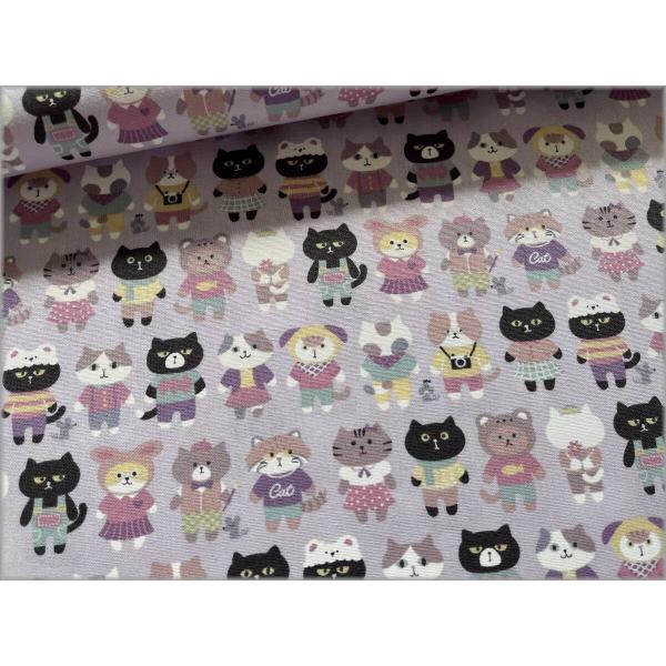 綿１００％ ＣＢポプリン。シーチングより若干厚手。地色は淡いくすみパープル。プリントのサイズ感は小さめ。猫の大きさは、ほぼ均等で３.５ｘ２.５cm。衣類、インテリア、雑貨小物に。約１１０ｃｍ巾。（商用利用可）***こちらの商品は１ｍ単位の販...