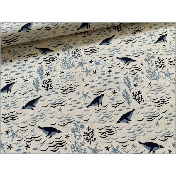 marble 50cm シーチング 生地 布 プリント ペンギン into the sea コットン ivory 1D