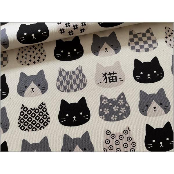 marble 50cｍ オックス 生地 布 プリント 猫 フェイス デカネコ 和柄 生成り 32A