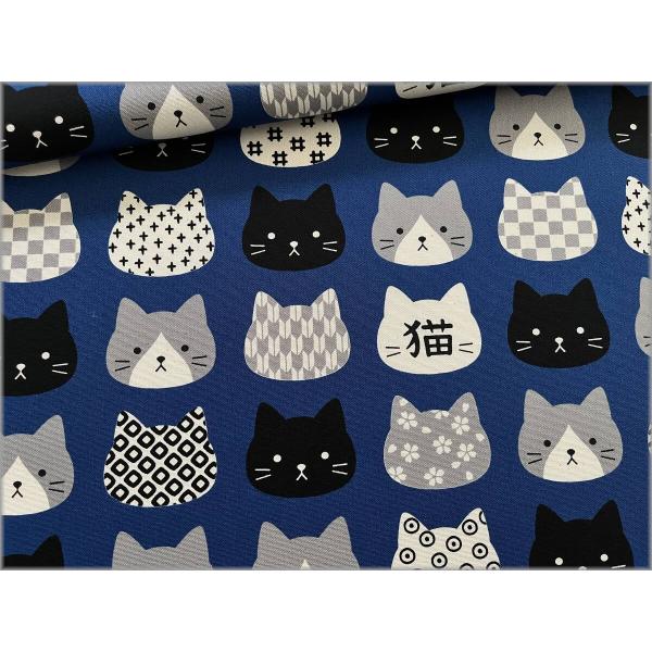 marble 50cｍ オックス 生地 布 プリント 猫 フェイス デカネコ 和柄 blue 32D
