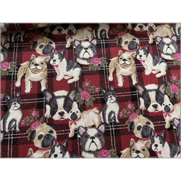 marble 50cm 綿麻キャンバス 生地 布 チェック 犬 ゴブラン調 プリント フレンチブル パグ red check 2A