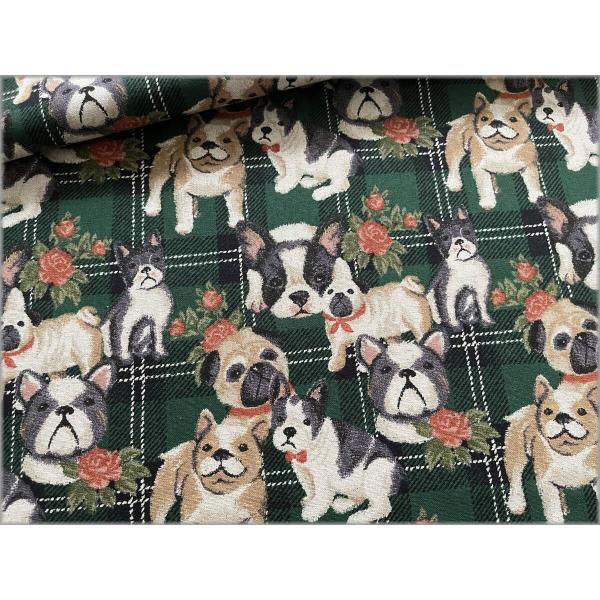 marble 50cm 綿麻キャンバス 生地 布 チェック 犬 ゴブラン調 プリント フレンチブル パグ green check 2B