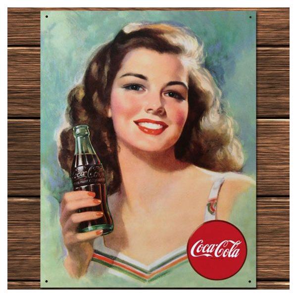 Coca-Cola レトロ女性看板 C3 ブリキ看板 Coca-Cola コカコーラ コーラを片手に微笑む女性 油絵風