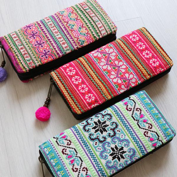 長財布 財布 サイフ レディース 大容量 カード収納 カードケース 手刺繍 手刺しゅう モン族 エスニック ハンドステッチ カード入れ付き エスニック柄 民族 マチ