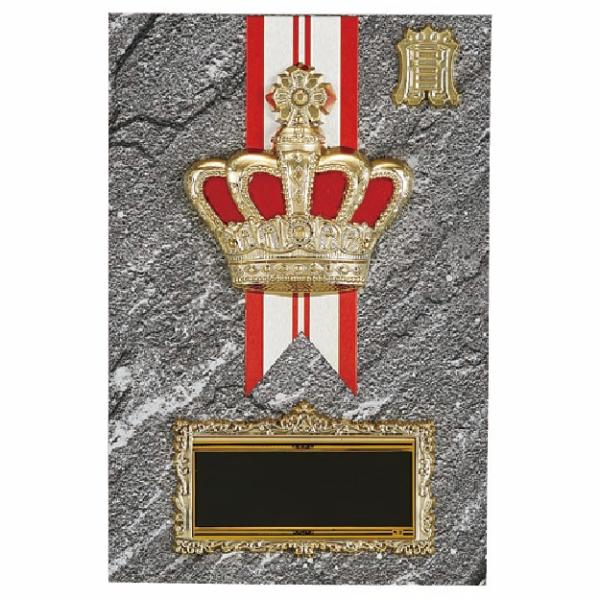 王冠をモチーフとした楯(盾)です。ゴルフ、サッカー、野球などの各種スポーツ大会の表彰や、企業表彰、感謝状、功労賞、表彰状、退職記念などの記念品としてご利用いただけます。装飾に紅白リボンを取り付けます（無料）。