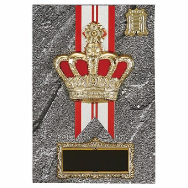 王冠をモチーフとした楯(盾)です。ゴルフ、サッカー、野球などの各種スポーツ大会の表彰や、企業表彰、感謝状、功労賞、表彰状、退職記念などの記念品としてご利用いただけます。装飾に紅白リボンを取り付けます（無料）。