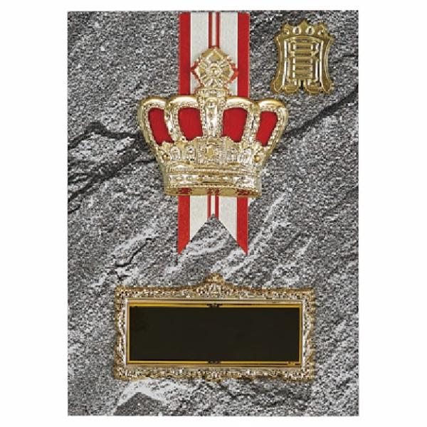 王冠をモチーフとした楯(盾)です。ゴルフ、サッカー、野球などの各種スポーツ大会の表彰や、企業表彰、感謝状、功労賞、表彰状、退職記念などの記念品としてご利用いただけます。装飾に紅白リボンを取り付けます（無料）。