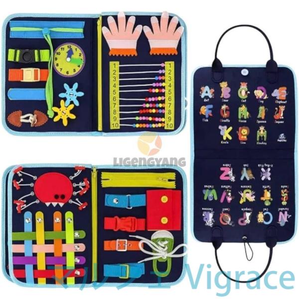 ビジーボード 玩具 モンテッソーリ 指先遊び あそび 知育ボタン 紐結び バック お出かけ 生活習慣 自立練習 プレゼント( ネイビー)